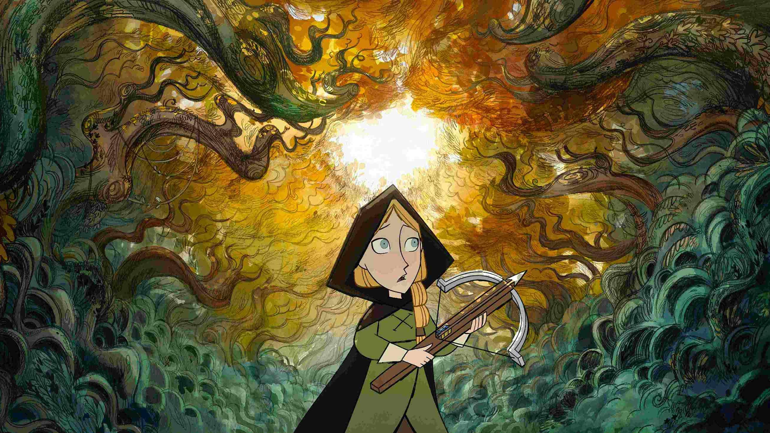 Animated image of a young girl wearing a cape and holding a crossbow in a forest.