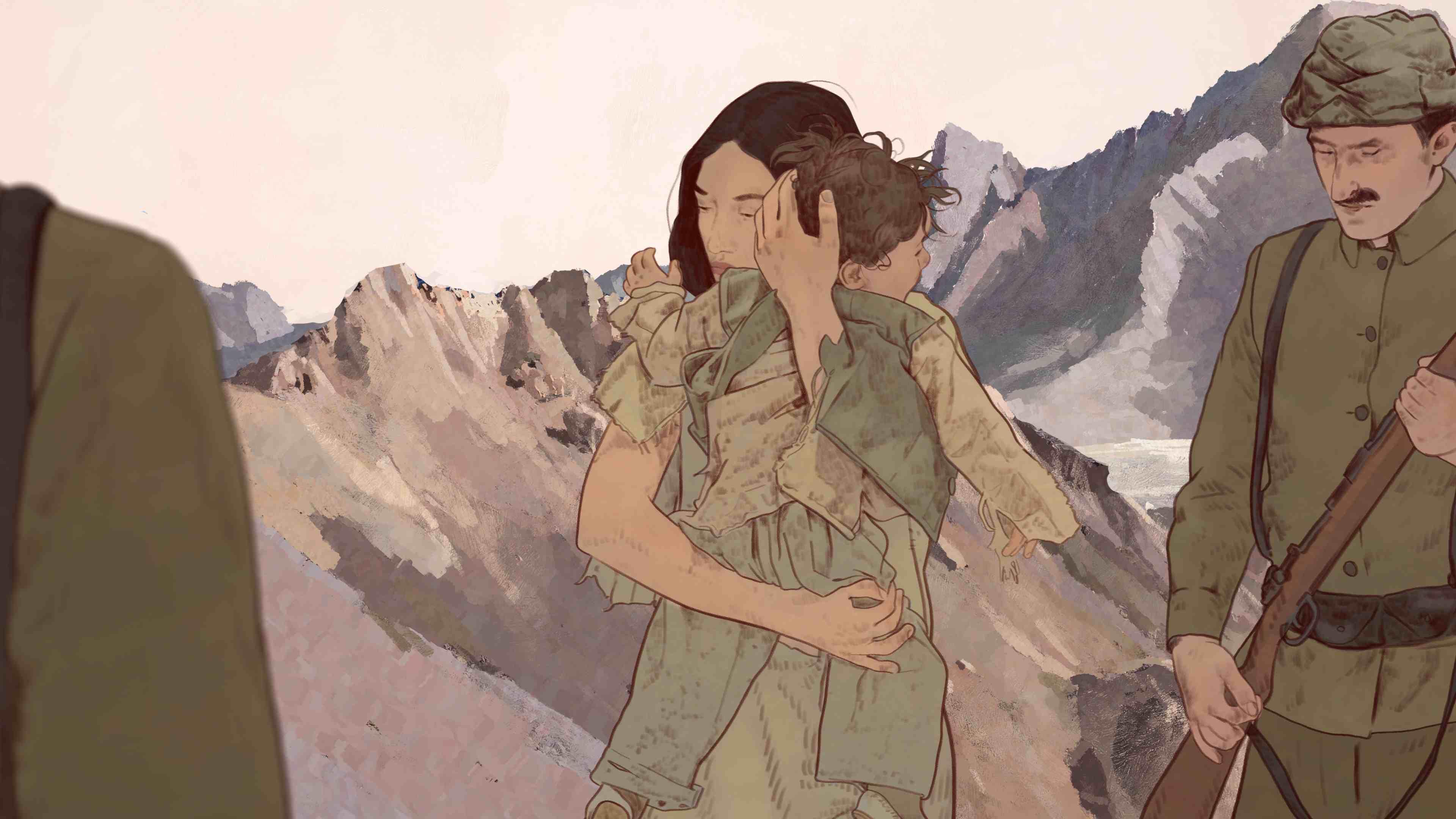 An animated drawing of a woman clutching a small child standing next to a solider in front of a desert mountain.