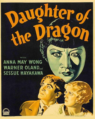 A movie poster with a large face looming over a couple beneath the words "Daughter of the Dragon"