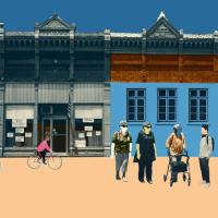 Collage animation of people walking down a quaint mainstreet