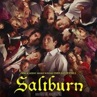 A movie poster feature a crowded circle of people's faces with Saltburn in yellow script at the bottom