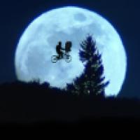 Silhouette of a person riding a bicycle on a tightrope against the backdrop of a full moon. The moon is large and bright, dominating the dark blue night sky. Below the tightrope, there are silhouettes of trees, with one tree’s top reaching near the level 