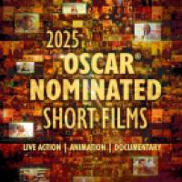 The poster features a collage of various scenes from different short films, with the text "SHORTS 20th Anniversary Release" at the top. The main text in the center reads "2025 OSCAR NOMINATED SHORT FILMS" with categories "LIVE ACTION | ANIMATION | DOCUMEN