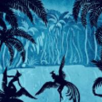 A tropical jungle scene rendered in shades of blue, featuring silhouettes of palm trees, foliage, three human-like figures interacting with large bird-like creatures, creating a dramatic and mysterious atmosphere.