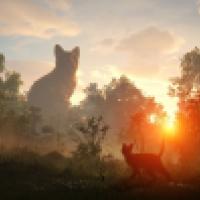 The image depicts a surreal scene of a forest at sunset with two cats. One cat is in the foreground, walking through the grass, while another cat appears to be a giant, towering over the trees in the background. The sun is setting, casting a warm glow and