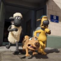 Three animated characters from the "Shaun the Sheep" series, Shaun the Sheep, Bitzer the dog, and a third mischievous animal, exit a building labeled "Animal Containment Unit" with listed opening times.