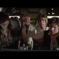 The image shows a scene from the movie "Star Wars: Episode IV - A New Hope," featuring Chewbacca, Obi-Wan Kenobi, Luke Skywalker, and Han Solo inside the cockpit of the Millennium Falcon.