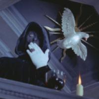 A person dressed in a black hooded cloak, black face mask, white gloves, and large ring, with a lit candle and glass of red liquid in the foreground, and a decorative white bird on a wall in the background.