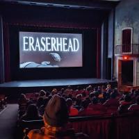 A crowded movie theatre showing the film ERASERHEAD.
