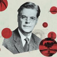 Poster featuring a headshot of a man wearing glasses and a suit with red circles around him and the text THE ACCELERATOR in blue below.
