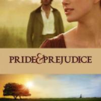 Promotional poster for 'Pride & Prejudice' featuring the faces of two main characters, the title in elegant font, and a scenic sunset landscape with a person walking in a field