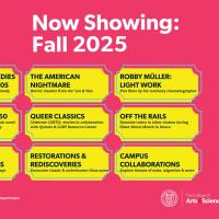 A pink poster with yellow graphics that look like ticket stubs.