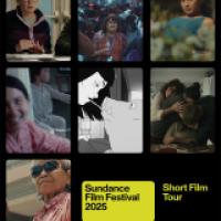 Collage of eight scenes showing people engaged in various activities, with text at the bottom center reading 'Sundance Film Festival 2025 Short Film Tour