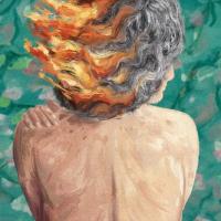 An impressionistic oil painting of the back of a nude woman with the tips of her hair on fire.