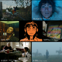 A poster with a green background and a grid of still images from seven different films.