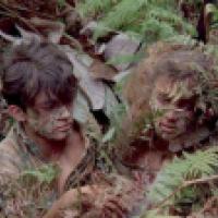 Two people appear to be halfway buried in the ground, with ferns growing over parts of their face, head, and body.