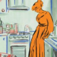 An illustrated figure in an orange dress stands in a kitchen, leaning against a counter. The kitchen features a stove, sink, and various utensils with soft pastel colors and bold outlines.