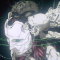 A humanoid figure undergoes a cybernetic transformation, revealing mechanical components beneath its outer shell. Green digital lines and data streams surround the figure, evoking a high-tech, futuristic environment.