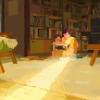 A stylized animated scene shows two people sitting on a sunlit rug, reading together in a cozy room. Surrounding them are books, a piano, green cushioned chairs, and a large bookshelf. Warm sunlight streams through a window, creating a peaceful atmosphere