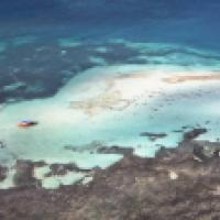 An aerial view of a shallow coral reef shows a small red and blue boat anchored amid turquoise waters. Light sandy patches and darker coral formations create intricate patterns, highlighting the reef’s natural beauty and depth variations.