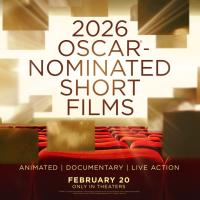 A poster with text 2026 Oscar-Nominated Short Films set above red seats that look like inside of a movie theatre. 