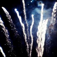 A sparkling shower of spiral fireworks against a night sky.