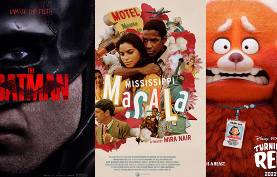 posters for THE BATMAN, MISSISSIPPI MASALA and TURNING RED