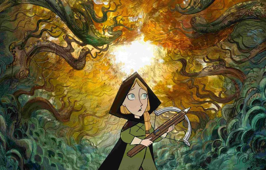 Animated image of a young girl wearing a cape and holding a crossbow in a forest.