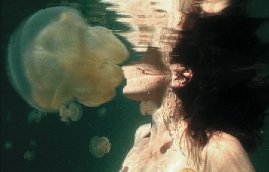 A woman swimming amongst jellyfish.