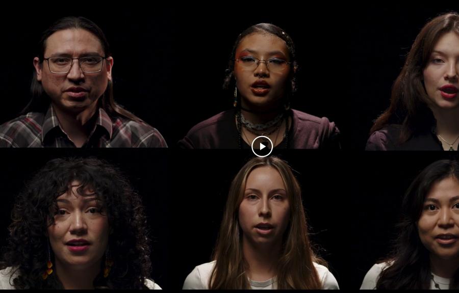 A grid of six people against a black background.