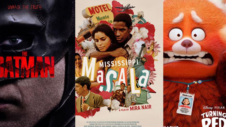 posters for THE BATMAN, MISSISSIPPI MASALA and TURNING RED