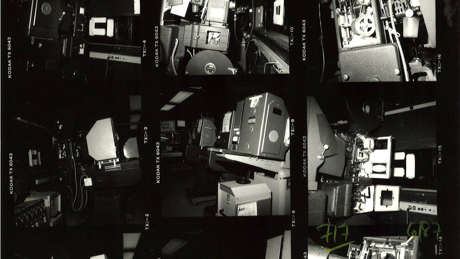 A sheet of black and white close-up photos of projection equipmetn
