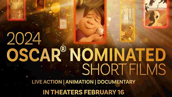 Poster collage of images with golden tone with text 2024 Oscar Nominated Short Films