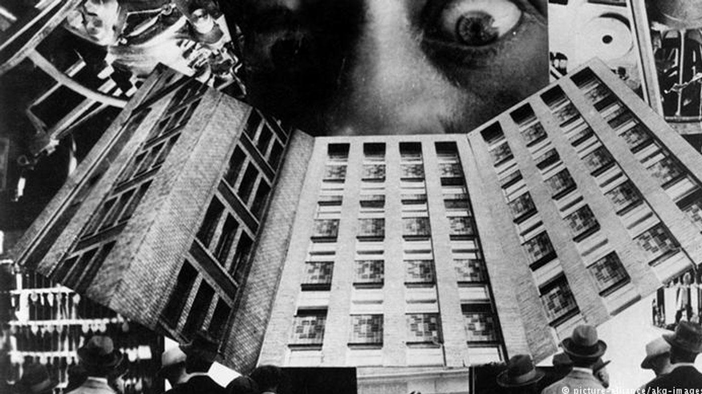 A collage image of a face looking down at a city building.