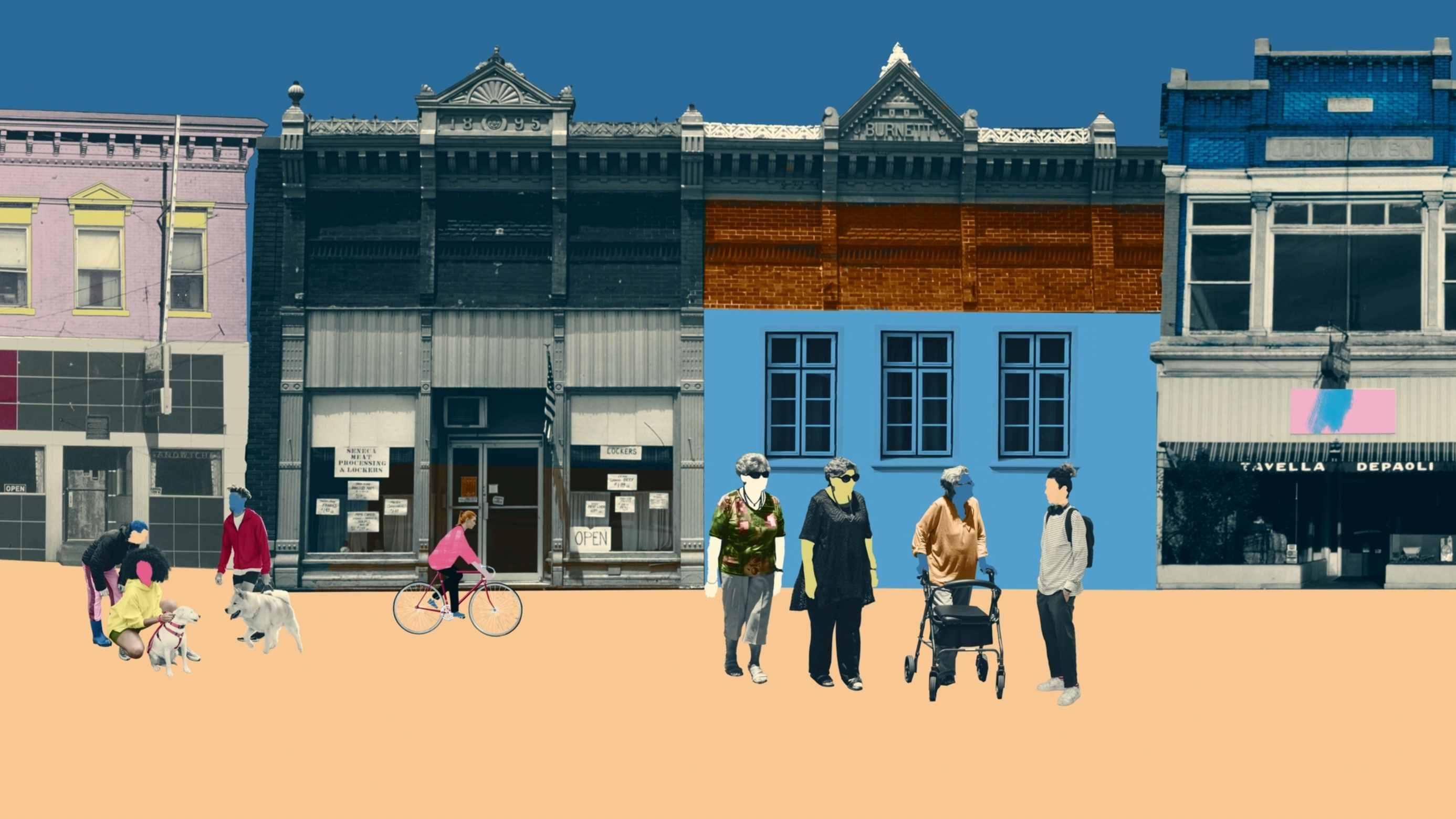 Collage animation of people walking down a quaint mainstreet