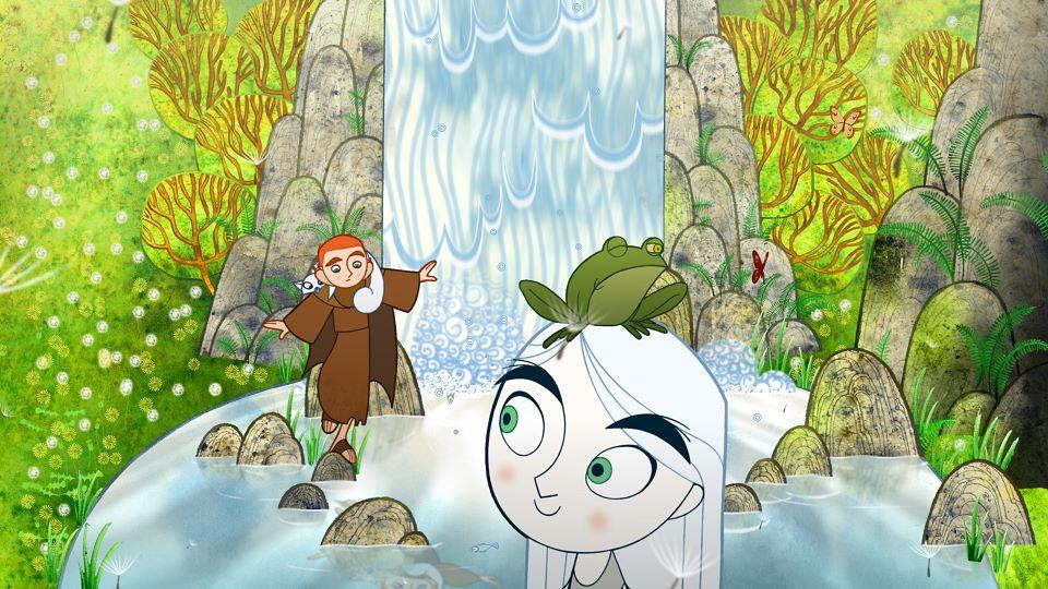 A young man in a brown cloak walks on a path of stones near a waterfall towards a girl with white hair.