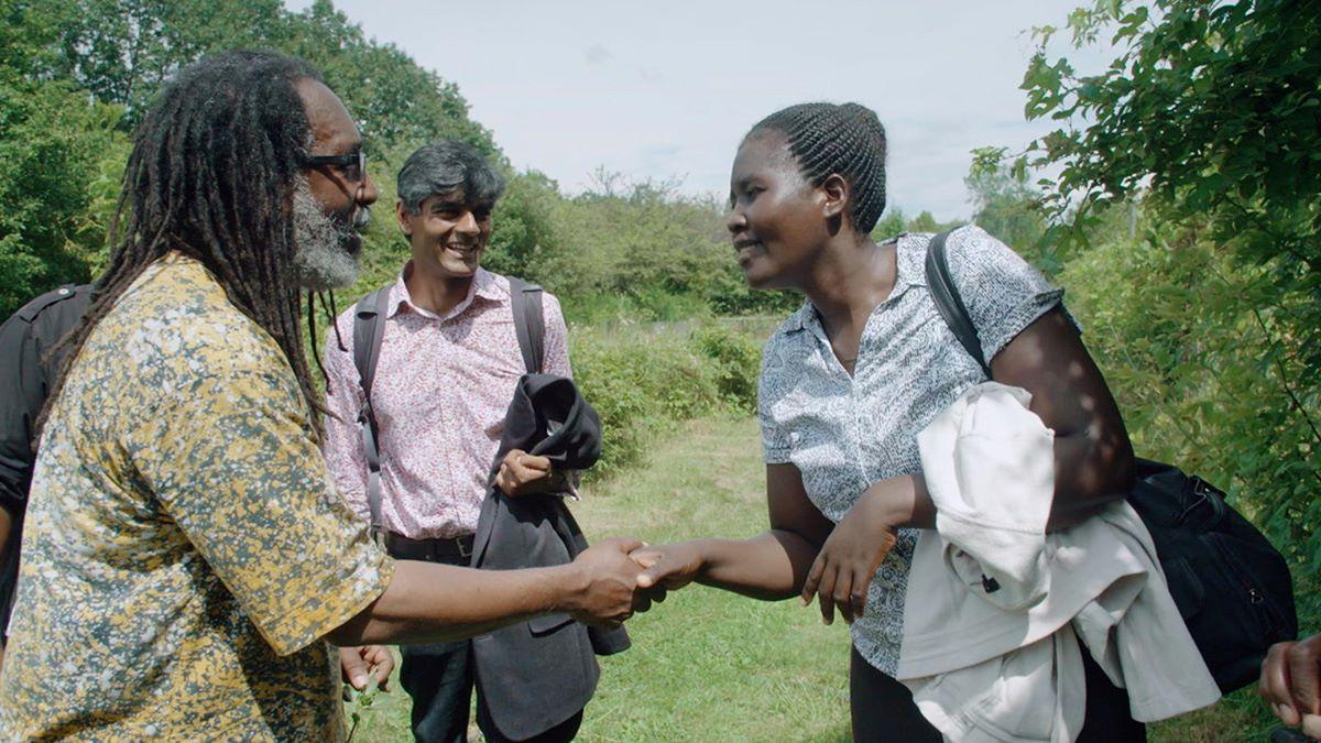 A smiling woman shakes hands with a man outside in a field.