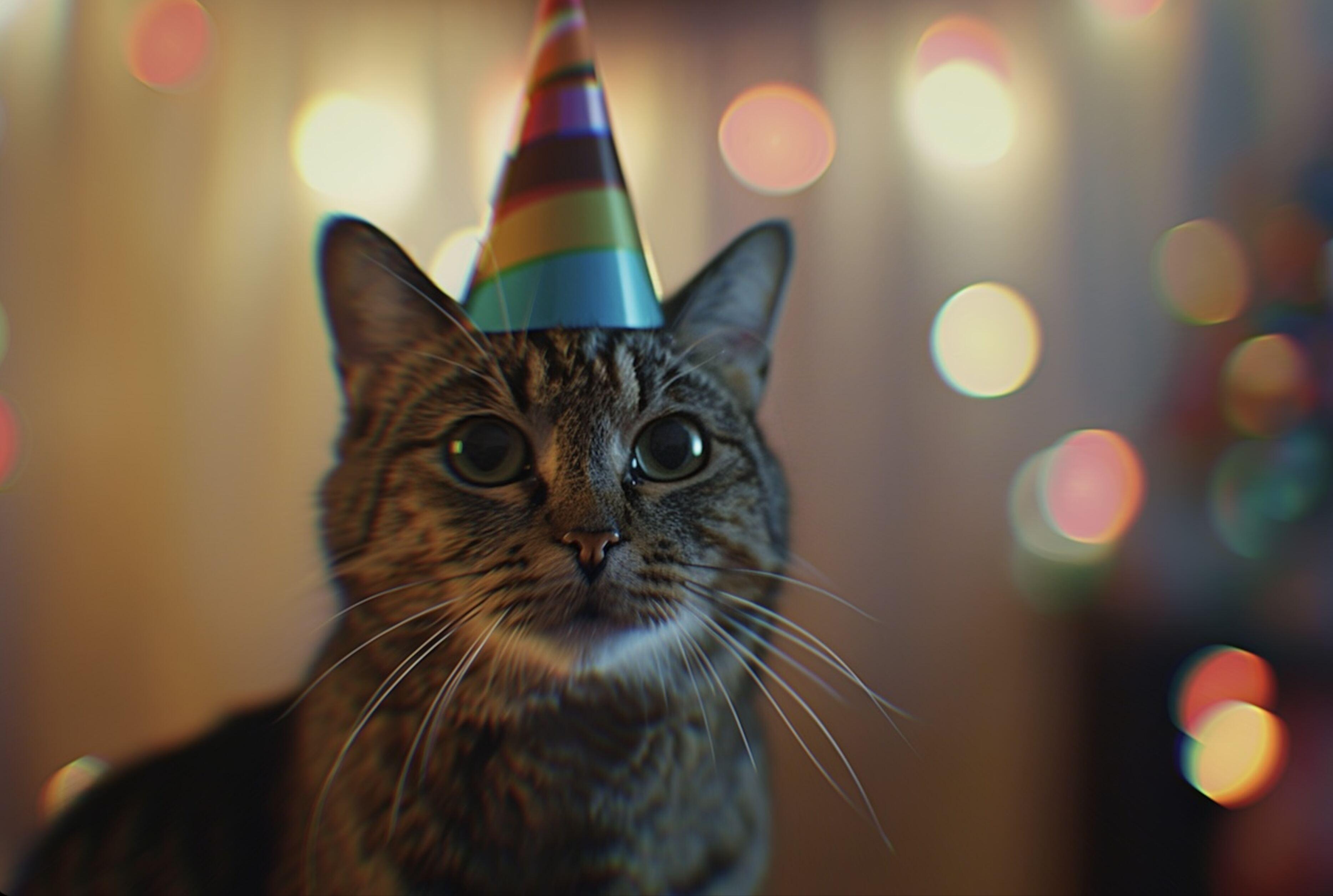 Close-up image of a cat wearing a colorful striped party hat. The cat has prominent whiskers and is looking directly at the camera with large, expressive eyes. The background is softly blurred with bokeh lights in various colors, suggesting a festive or c