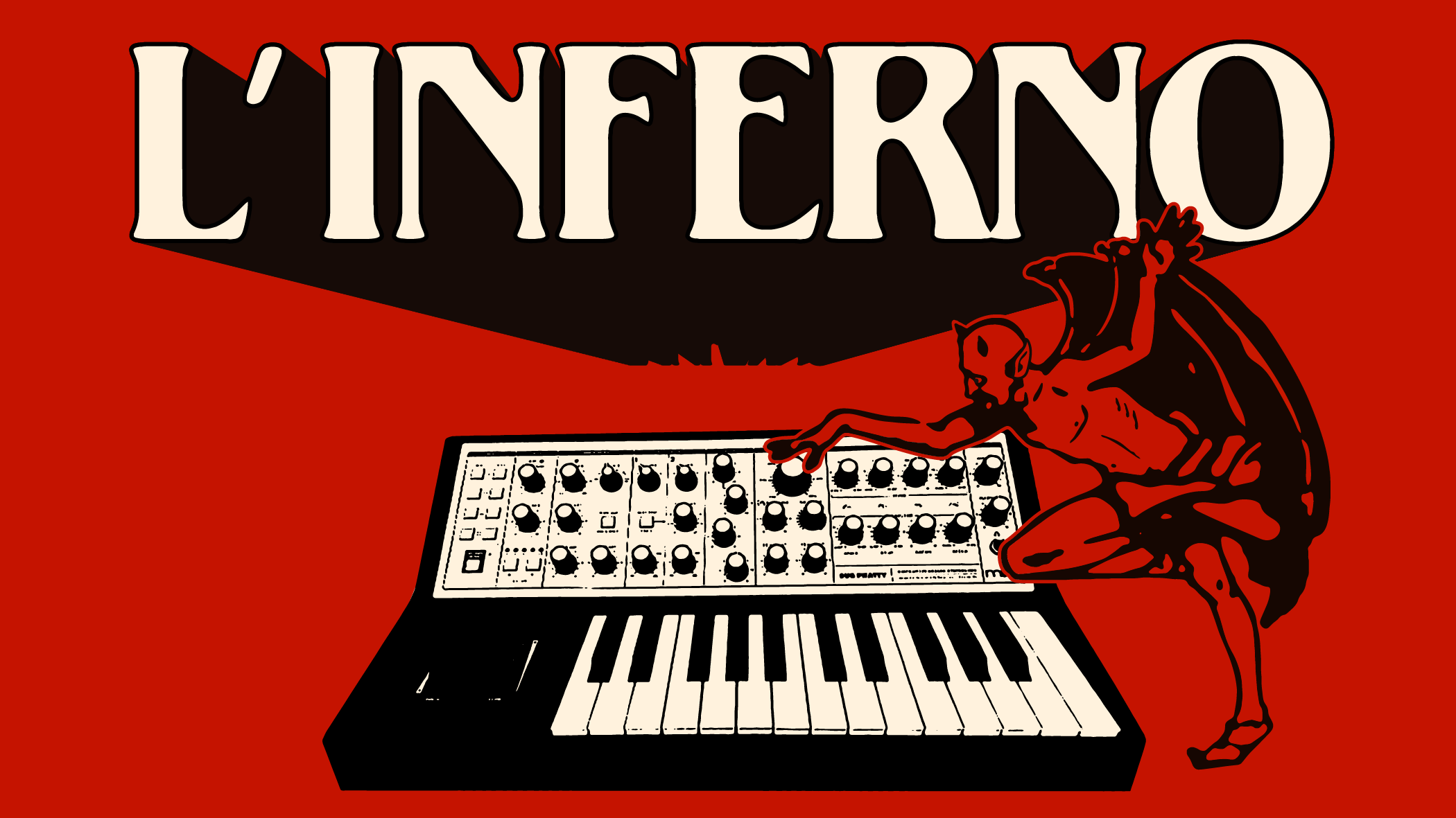 A red square with a key board and the words L'INFERNO at the center.