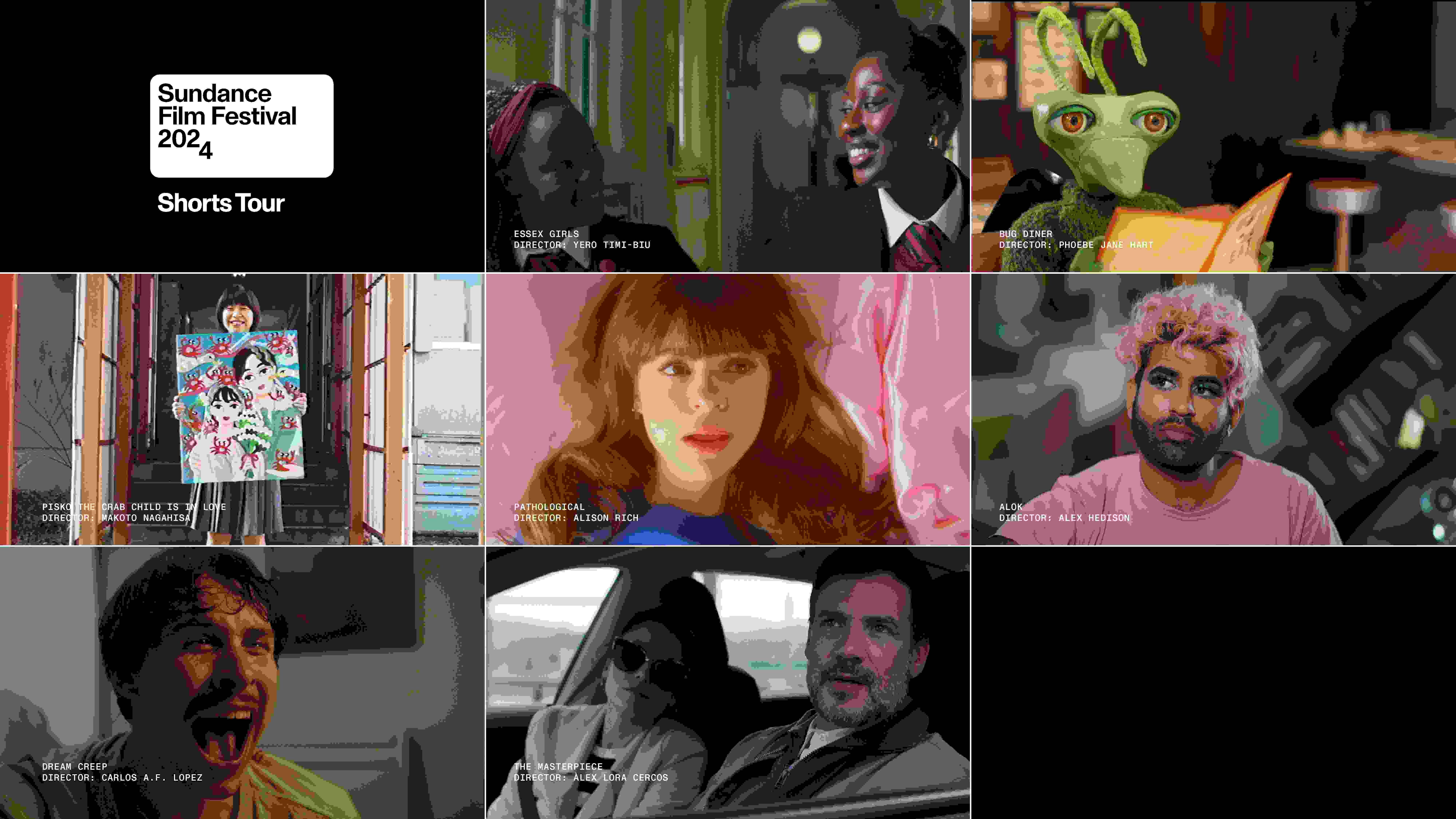 A collage of nine different stills from various films, each featuring at least one individual. The top left corner of the image contains text that reads ‘Sundance Film Festival 2024, Shorts Tour.’ This indicates that the image is likely related to a colle