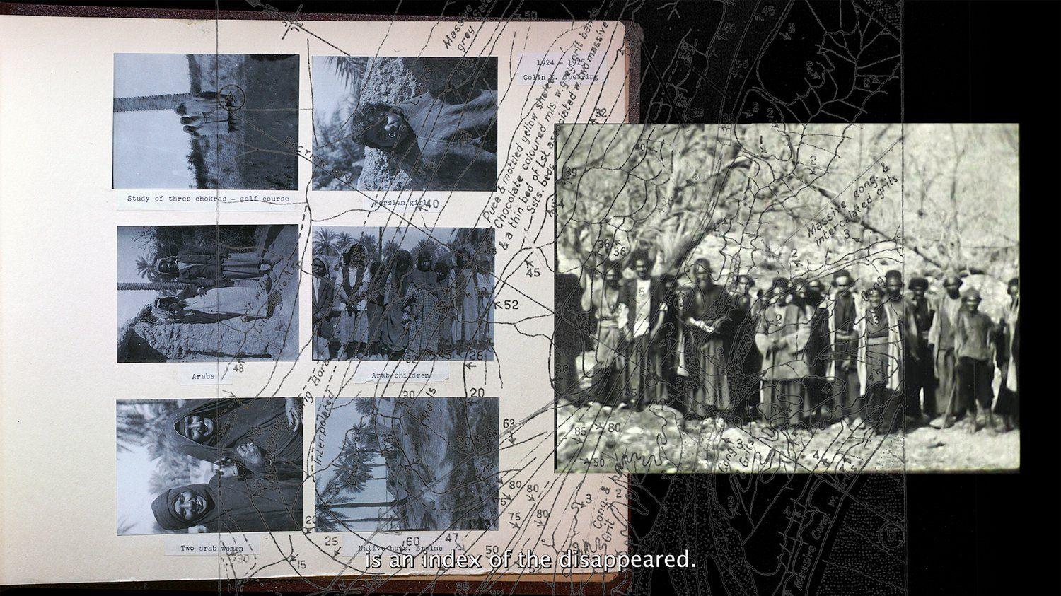 A map overlaid across an album of black and white photographs.