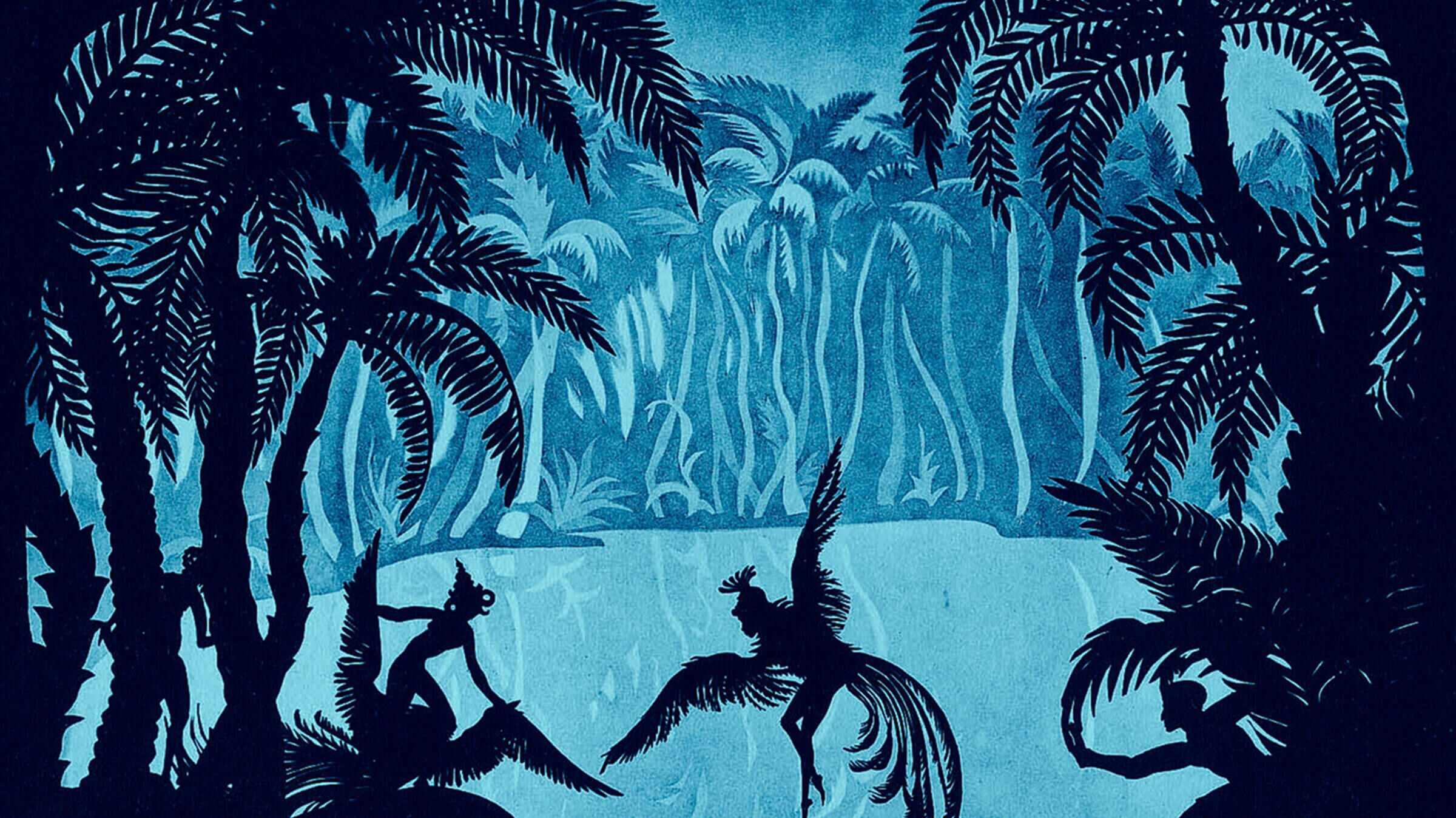 A tropical jungle scene rendered in shades of blue, featuring silhouettes of palm trees, foliage, three human-like figures interacting with large bird-like creatures, creating a dramatic and mysterious atmosphere.