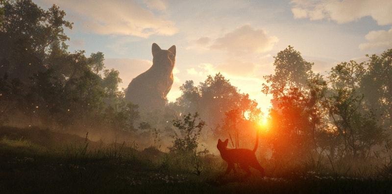 The image depicts a surreal scene of a forest at sunset with two cats. One cat is in the foreground, walking through the grass, while another cat appears to be a giant, towering over the trees in the background. The sun is setting, casting a warm glow and