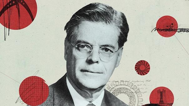 Poster featuring a headshot of a man wearing glasses and a suit with red circles around him and the text THE ACCELERATOR in blue below.