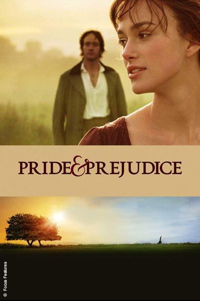 Promotional poster for 'Pride & Prejudice' featuring the faces of two main characters, the title in elegant font, and a scenic sunset landscape with a person walking in a field