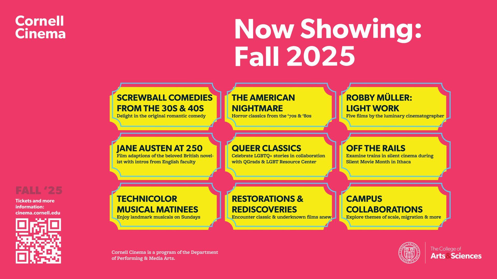 A pink poster with yellow graphics that look like ticket stubs.