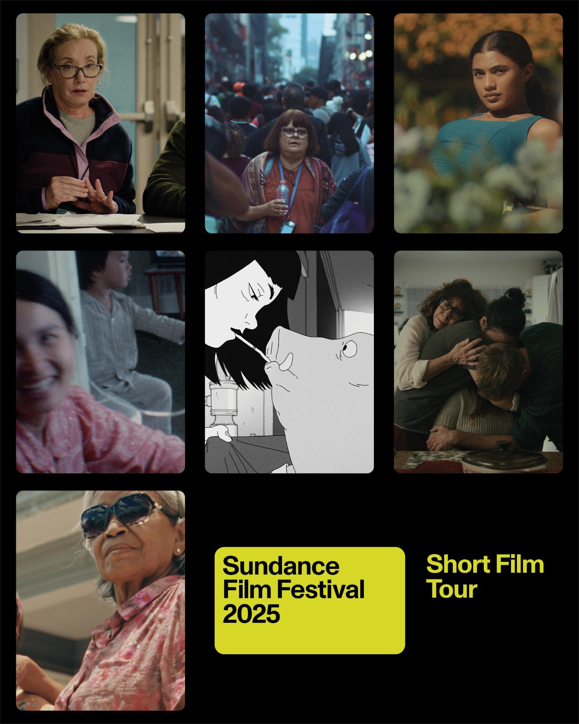 Collage of eight scenes showing people engaged in various activities, with text at the bottom center reading 'Sundance Film Festival 2025 Short Film Tour
