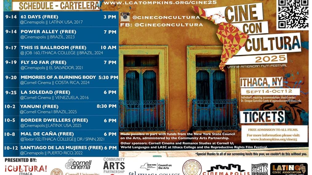 A poster for the 2025 Cine Con Cultura Film Festival with a text schedule and logos of various sponsors.