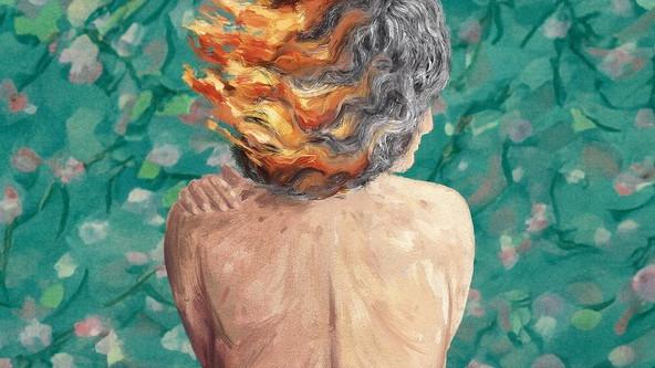 An impressionistic oil painting of the back of a nude woman with the tips of her hair on fire.