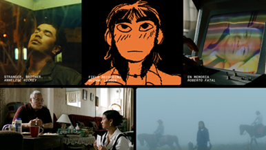 A poster with a green background and a grid of still images from seven different films.